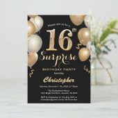 Invitation Surprise 16e anniversaire Ballons Noir et Or (Debout devant)