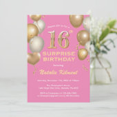 Invitation Surprise 16e anniversaire Ballons rose et or (Debout devant)