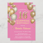 Invitation Surprise 16e anniversaire Ballons rose et or (Devant / Derrière)