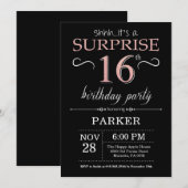 Invitation Surprise 16e anniversaire Black and Rose Pink Gold (Devant / Derrière)