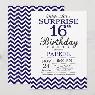 Invitation Surprise 16e Anniversaire Chevron Bleu Marine