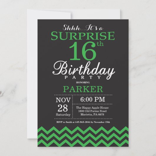 Invitation Surprise 16e anniversaire Chevron noir et vert (Devant)