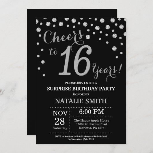 Invitation Surprise 16e anniversaire Diamant noir et argent (Devant / Derrière)