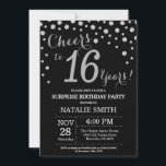 Invitation Surprise 16e anniversaire Diamant noir et argent<br><div class="desc">Invitation surprise 16e anniversaire avec Arrière - plan Diamond Parties scintillant noir et argent. Confetti en argent. Anniversaire enfant. Anniversaire garçon ou fille. Pour plus de personnalisation,  cliquez sur le bouton "Customiser" et utilisez notre outil de conception pour modifier ce modèle.</div>