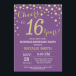 Invitation Surprise 16e anniversaire Diamant violet et or<br><div class="desc">Invitation surprise 16e anniversaire avec Arrière - plan Diamant de Parties scintillant violet et or. Gold Confetti.Anniversaire enfant. Anniversaire des garçons ou des filles.
Pour plus de personnalisation,  cliquez sur le bouton "Customiser" et utilisez notre outil de conception pour modifier ce modèle.</div>