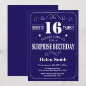 Invitation Surprise 16e anniversaire Marine bleu et blanc (Devant / Derrière)