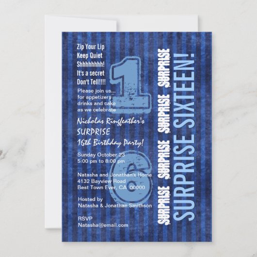 Invitation SURPRISE 16e Anniversaire moderne Bleu Stripes W55 (Devant)