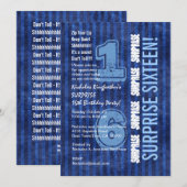 Invitation SURPRISE 16e Anniversaire moderne Bleu Stripes W55 (Devant / Derrière)