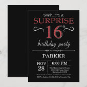 Invitation surprise 16e anniversaire Noir et Rouge (Devant / Derrière)