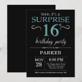 Invitation surprise 16e anniversaire Noir et Turqu (Devant / Derrière)