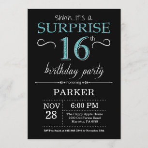 Invitation surprise 16e anniversaire Noir et Turqu