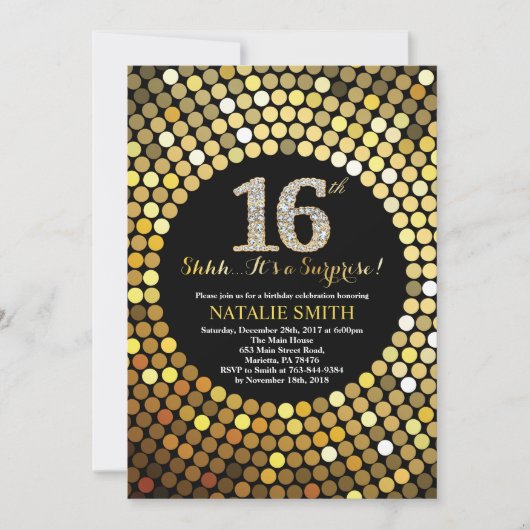 Invitation Surprise 16e anniversaire Parties scintillant noir (Devant)