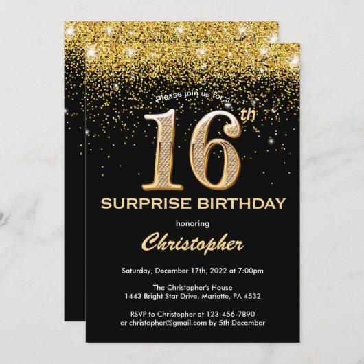 Invitation Surprise 16e anniversaire Parties scintillant noir (Devant / Derrière)
