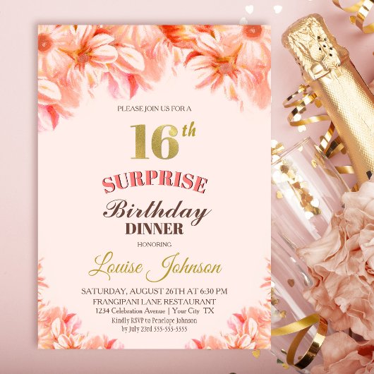 Invitation Surprise 16e anniversaire Pink Gold Floral Dîner