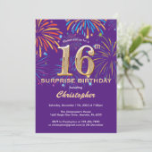 Invitation Surprise 16e anniversaire Purple and Gold Firework (Debout devant)