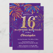 Invitation Surprise 16e anniversaire Purple and Gold Firework (Devant / Derrière)