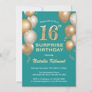 Invitation Surprise 16e anniversaire Turquoises et Ballons d'