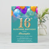 Invitation Surprise 16e anniversaire Turquoises et Ballons d' (Debout devant)
