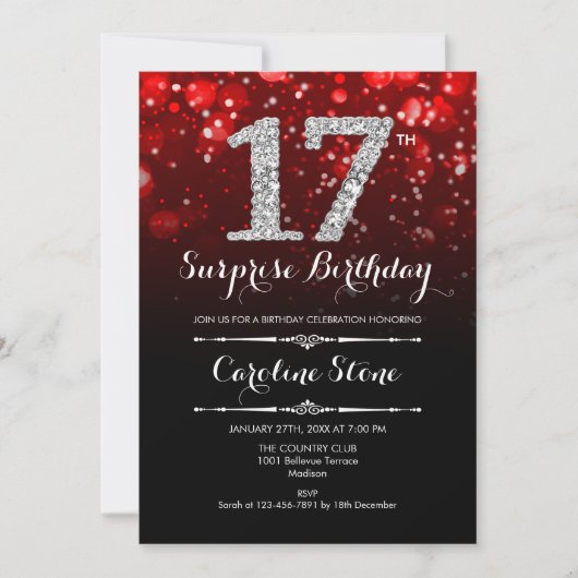 Invitation Surprise 17e anniversaire - Argent rouge noir (Devant)