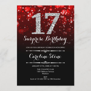 Invitation Surprise 17e anniversaire - Argent rouge noir