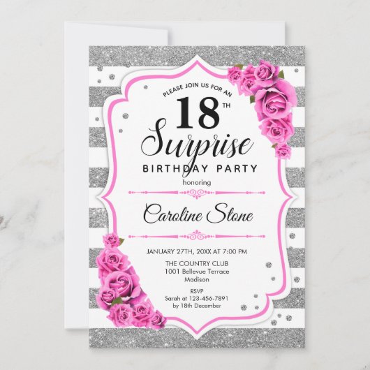 Invitation Surprise 18e anniversaire - Argent blanc rose (Devant)