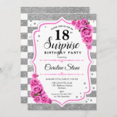 Invitation Surprise 18e anniversaire - Argent blanc rose (Devant / Derrière)