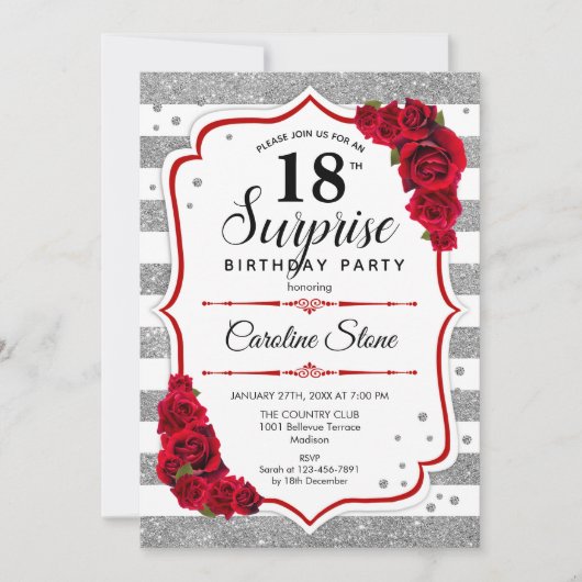 Invitation Surprise 18e anniversaire - Argent Blanc Rouge (Devant)