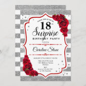 Invitation Surprise 18e anniversaire - Argent Blanc Rouge (Devant / Derrière)