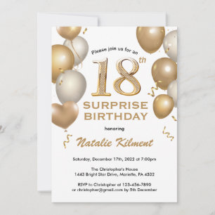 Invitation Surprise 18e anniversaire Ballons blanc et or