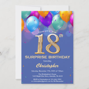 Invitation Surprise 18e anniversaire Ballons bleu et or