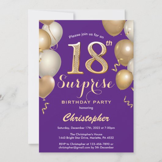 Invitation Surprise 18e anniversaire Ballons violet et or (Devant)