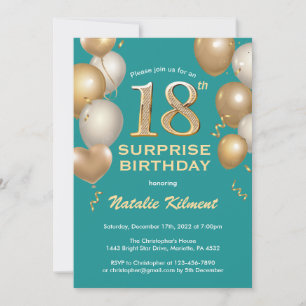 Invitation Surprise 18e anniversaire Balloons Turquoise et or