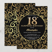 Invitation Surprise 18e anniversaire Black and Gold Floral (Devant / Derrière)