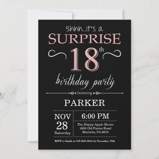 Invitation Surprise 18e anniversaire Black and Rose Pink Gold (Devant)