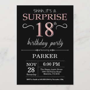 Invitation Surprise 18e anniversaire Black and Rose Pink Gold