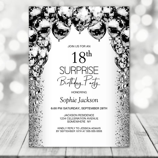Invitation Surprise 18e anniversaire Black White Balloons Par