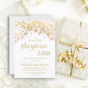Invitation Surprise 18e anniversaire Blanc Paillettes Or