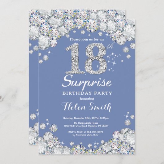 Invitation Surprise 18e anniversaire Blue Silver Diamond (Devant / Derrière)