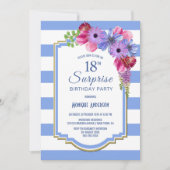Invitation Surprise 18e anniversaire Blue Striped Floral Part (Devant)