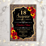 Invitation Surprise 18e anniversaire - Fleurs de soleil en bo<br><div class="desc">Invitation surprise 18e anniversaire. Feminine rustique noir,  blanc,  rouge design avec fausse parties scintillant or. Motif en bois,  roses rouges,  tournesols,  caractères de script et confettis. Parfait pour une soirée d'anniversaire élégante. Peut être personnalisé pour montrer n'importe quel âge. Message-moi si vous avez besoin d'une personnalisation plus poussée.</div>