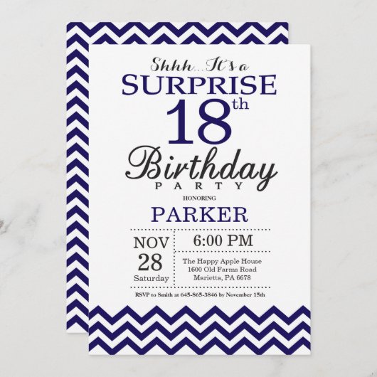 Invitation Surprise 18e anniversaire Marine Blue Chevron (Devant / Derrière)