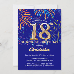 Invitation Surprise 18e anniversaire Marine Blue Gold Firewor