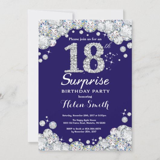 Invitation Surprise 18e anniversaire Marine Blue Silver Diamo (Devant)