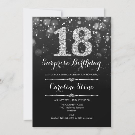 Invitation Surprise 18e anniversaire - Noir Argent (Devant)