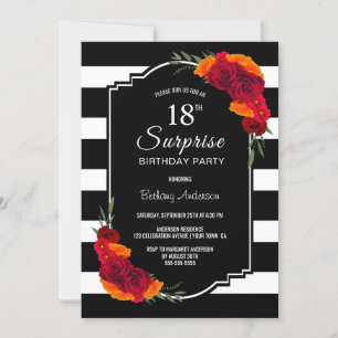 Invitation Surprise 18e anniversaire noir blanc rayé floral