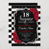 Invitation Surprise 18e anniversaire - Noir Blanc Rouge (Devant / Derrière)