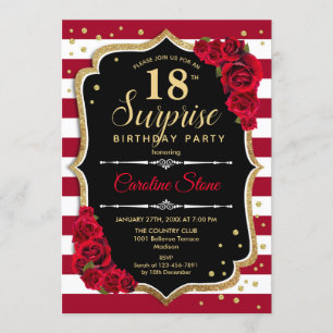 Invitation Surprise 18e anniversaire - Noir Blanc Rouge