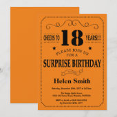 Invitation Surprise 18e anniversaire Noir et orange (Devant / Derrière)
