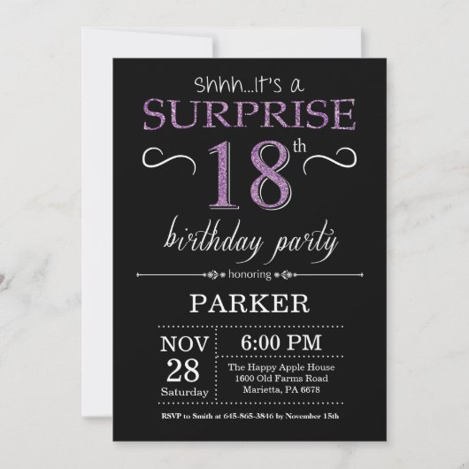 Invitation surprise 18e anniversaire Noir et pourp (Devant)