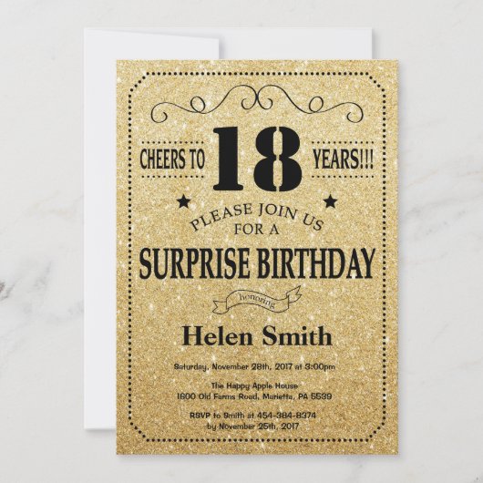 Invitation Surprise 18e anniversaire Parties scintillant Noir (Devant)